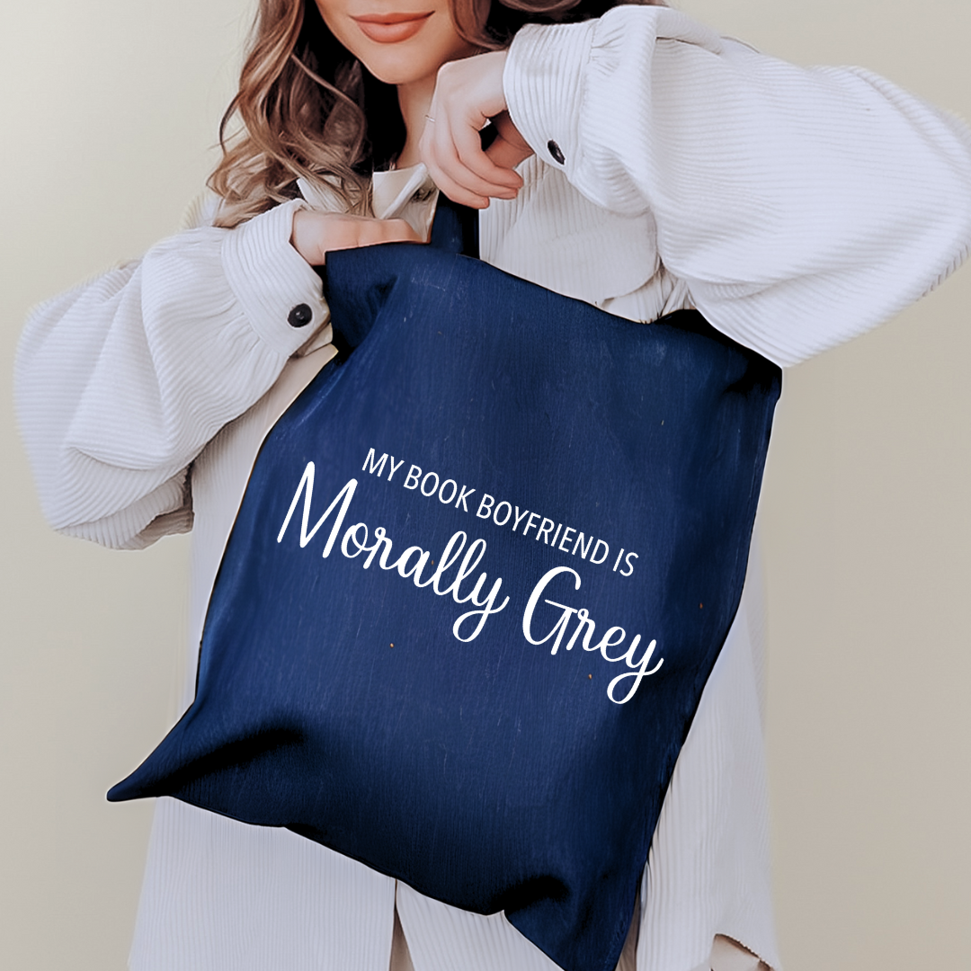 My Book Boyfriend is Morally Grey Denim Tote Bag
