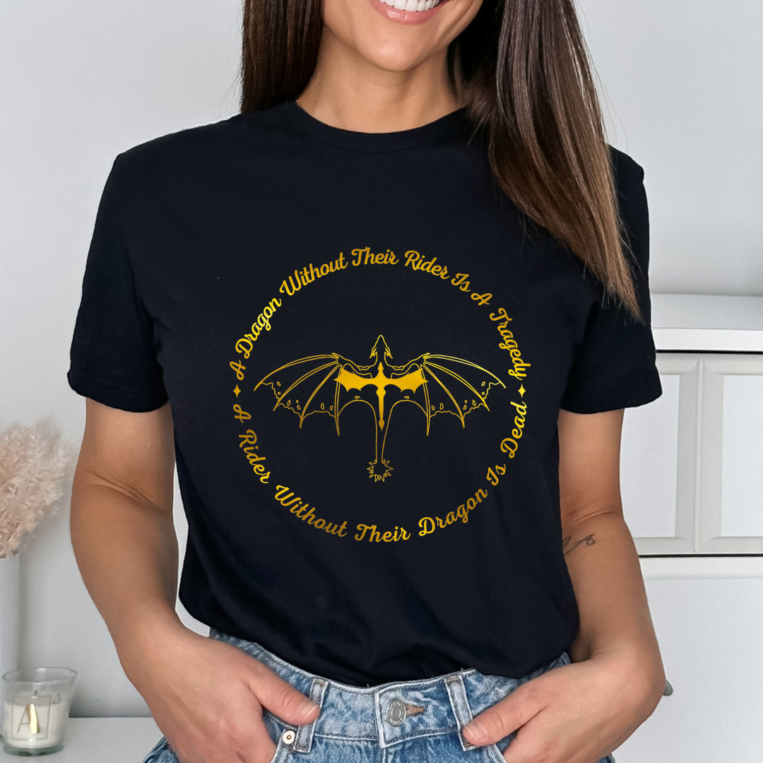 A Dragon Without Their Rider T-Shirt - Gold Foil Look | Flash Sale | Fourth Wing | Rebecca Yarros | Officially Licensed