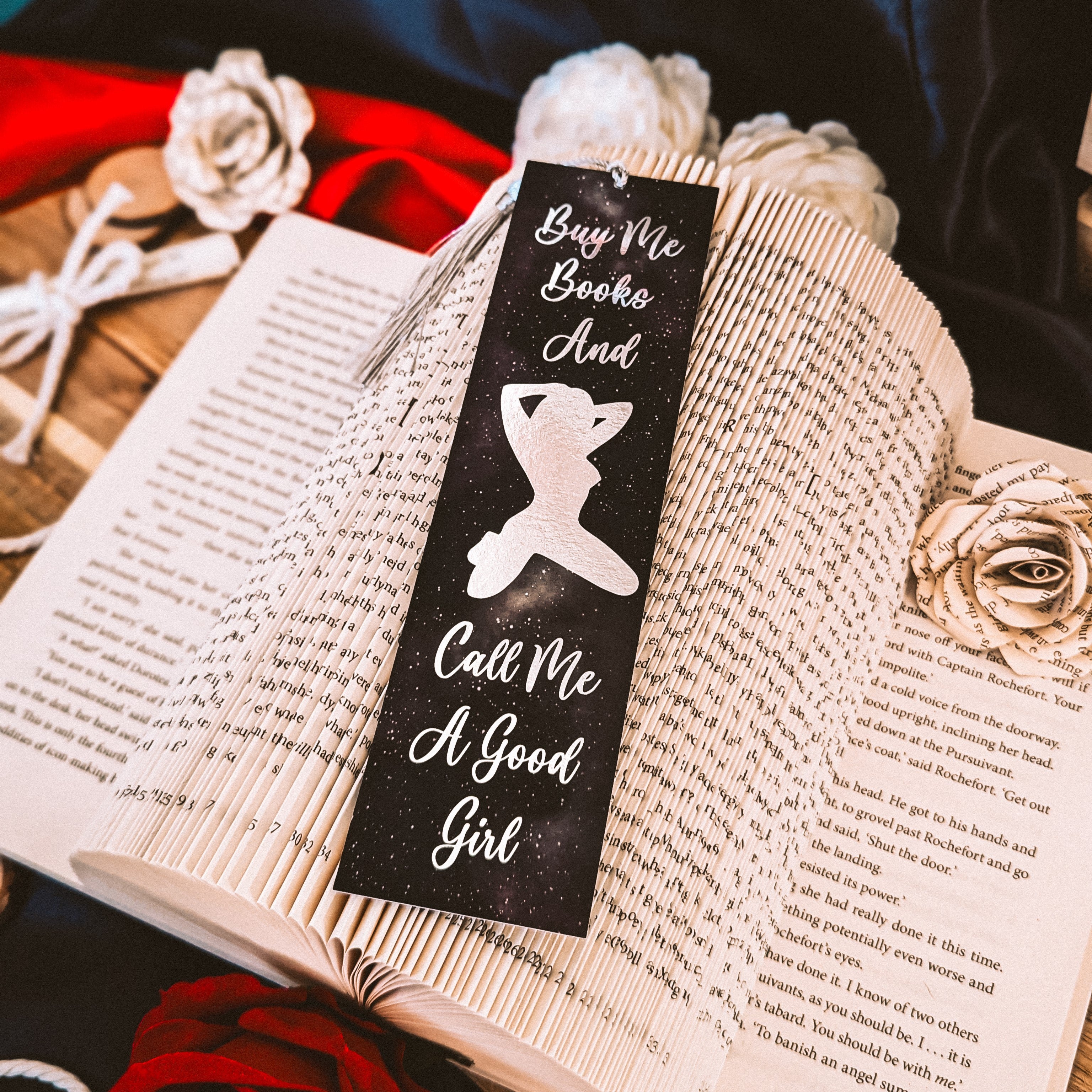 Buy Me Books and Call Me A Good Girl Silver Foiled Bookmark with Tassel