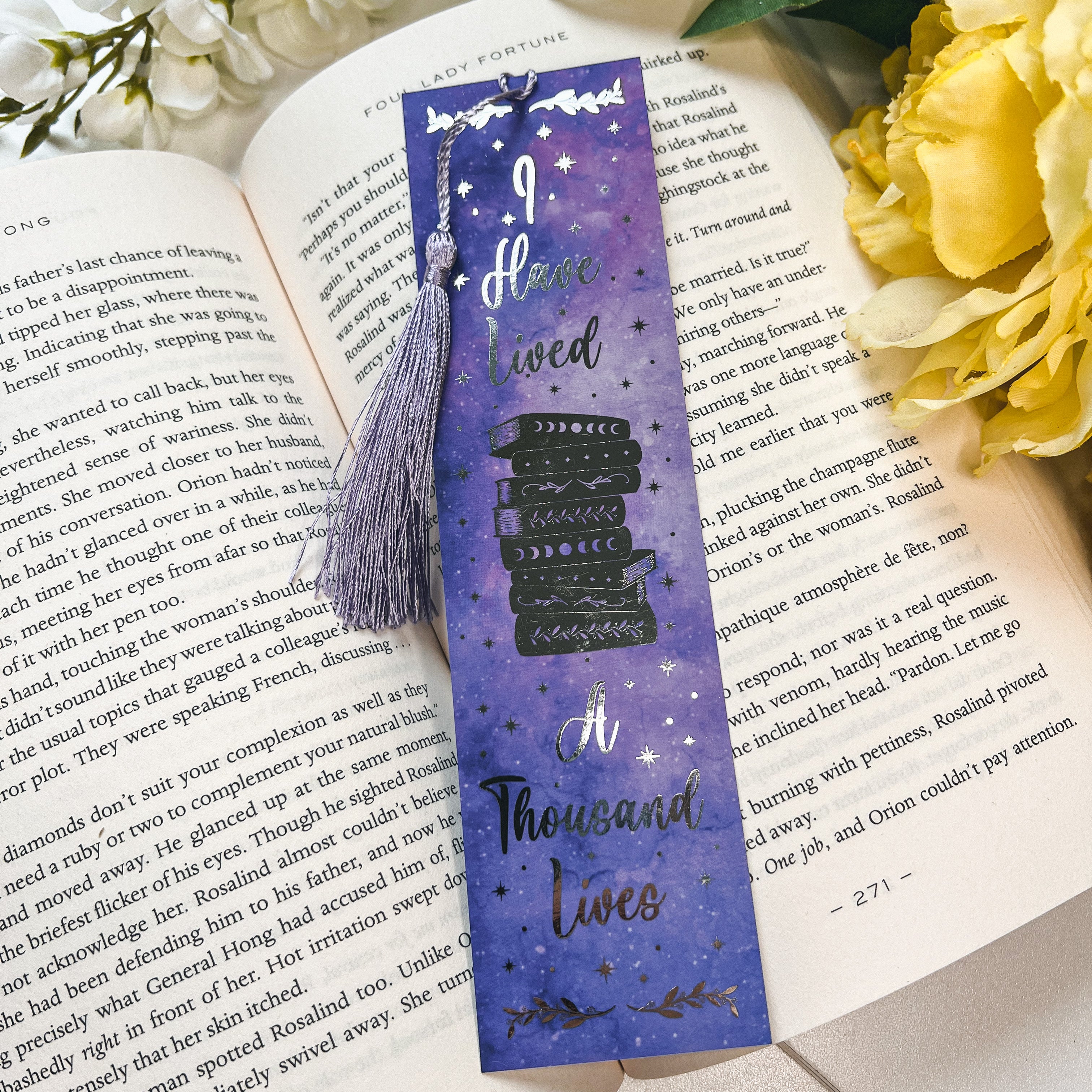 Purple I Have Lived A Thousand Lives Silver Foiled Bookmark with Tassel