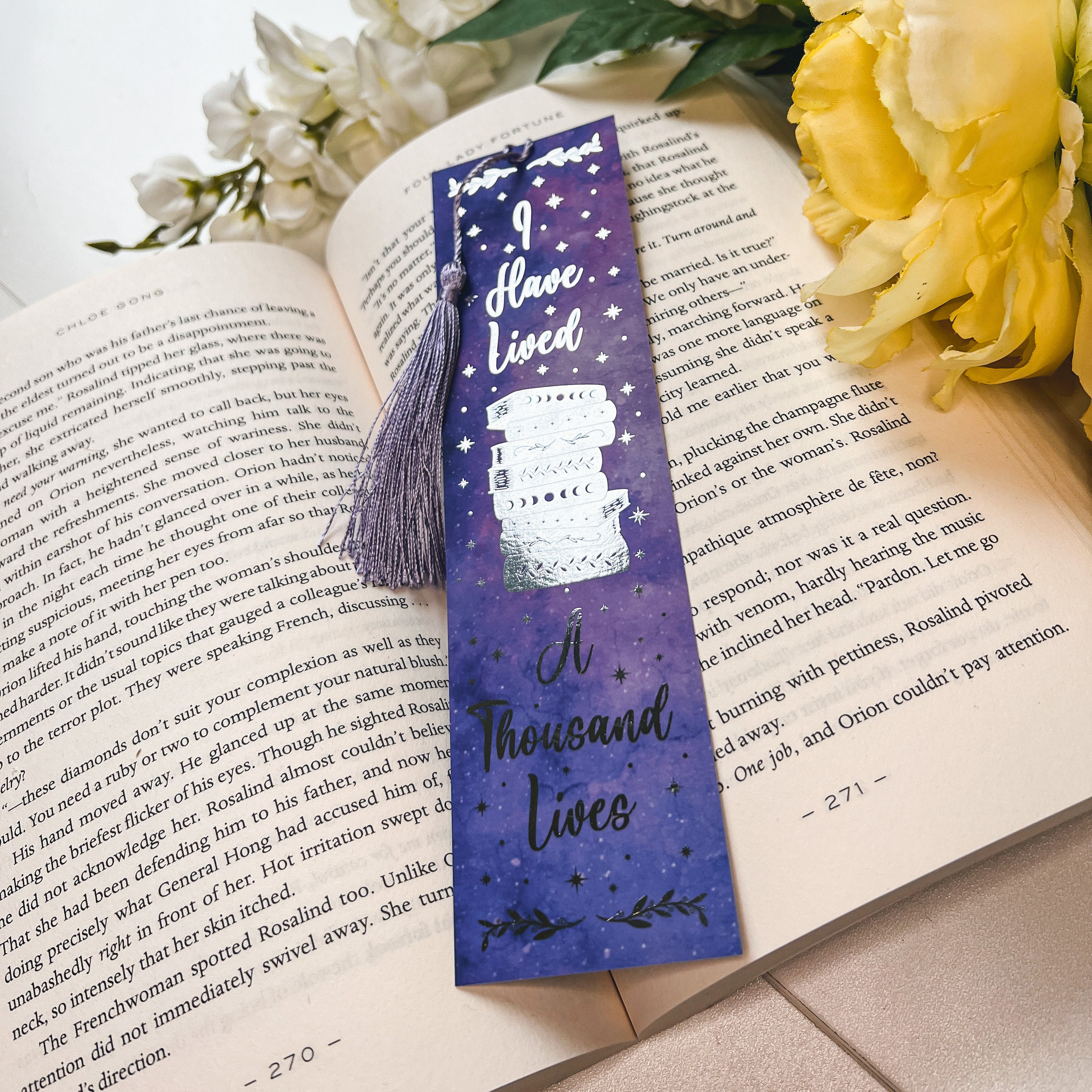 Purple I Have Lived A Thousand Lives Silver Foiled Bookmark with Tassel