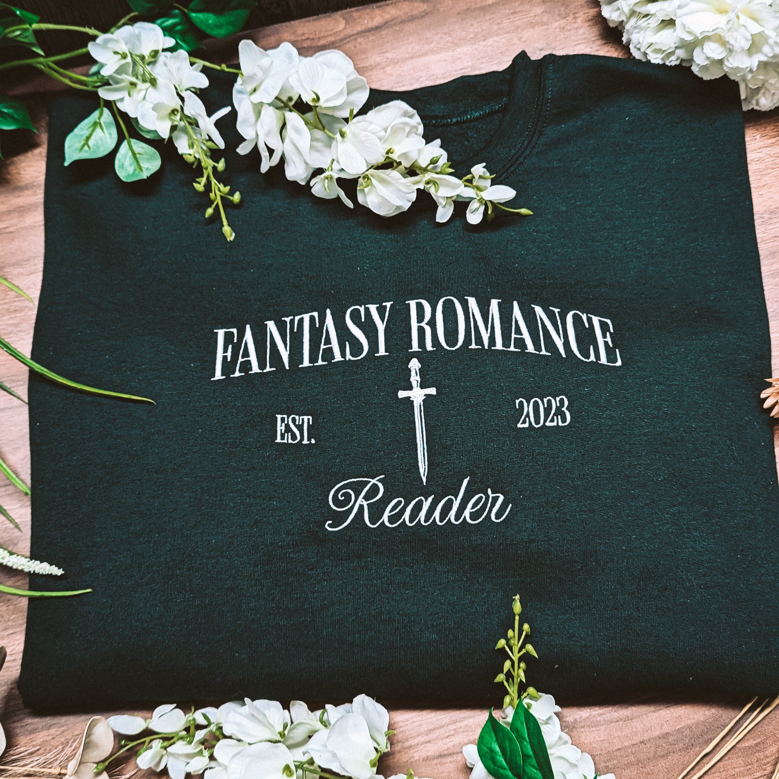 Fantasy Romance Reader Embroidered Sweatshirt Forest Green | Romance Reader Collection