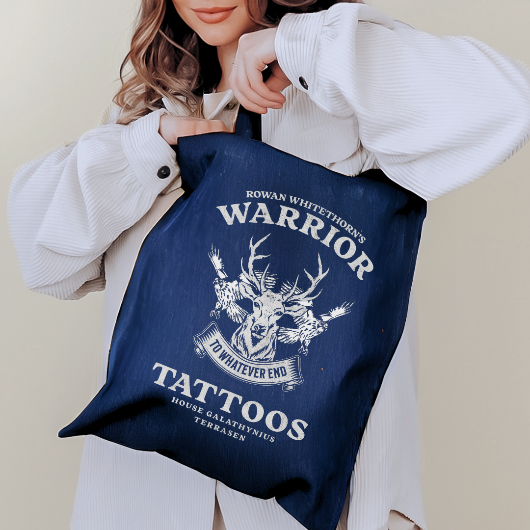 Rowan Whitethorn Warrior Tattoos Denim Tote Bag Library Bag | Throne of Glass | Sarah J Maas | Officially Licensed