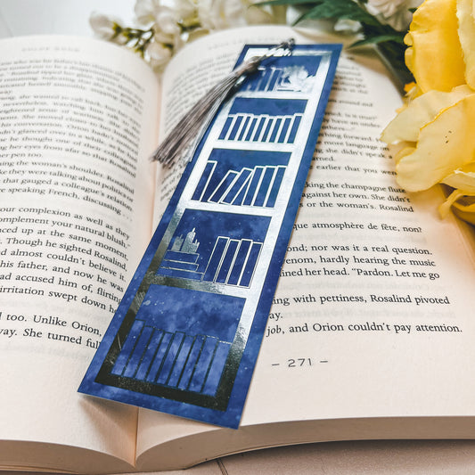 Blue Bookshelf Silver Foiled Bookmark with Tassel