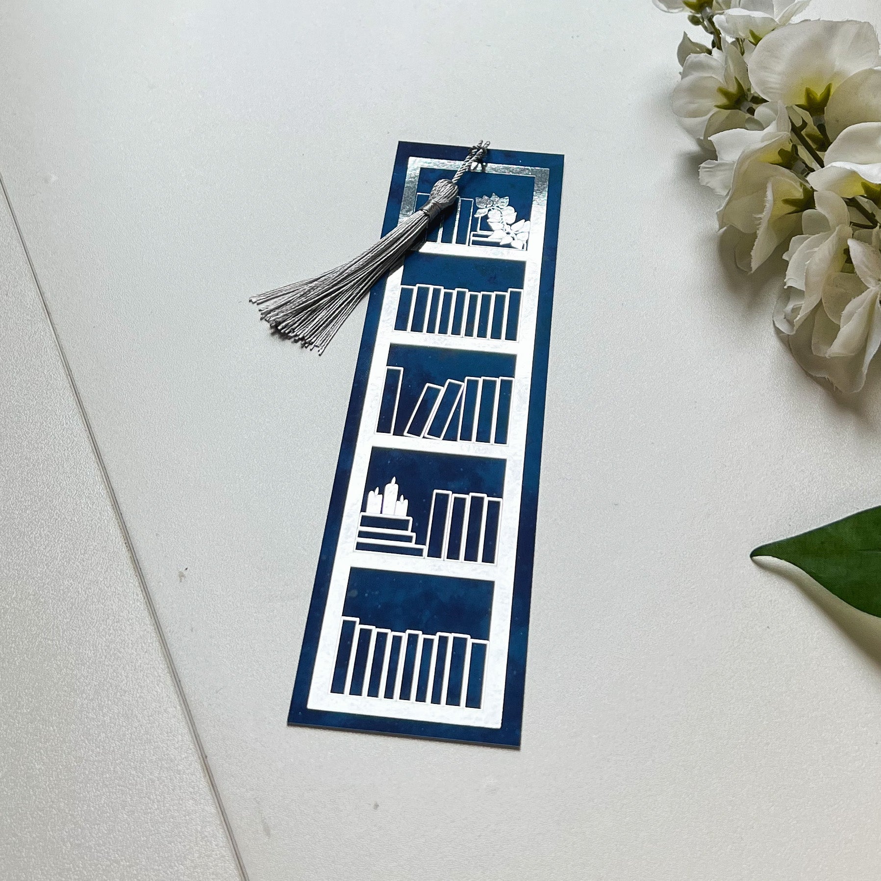 Blue Bookshelf Silver Foiled Bookmark with Tassel